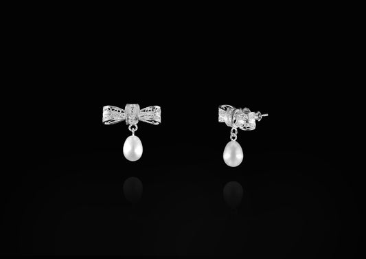 Ribbon Ear Studs (Pearl Teardrop)